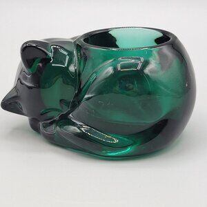 Indiana Glass Evergreen Sleeping Cat Tea Light Votive Candle Holder
